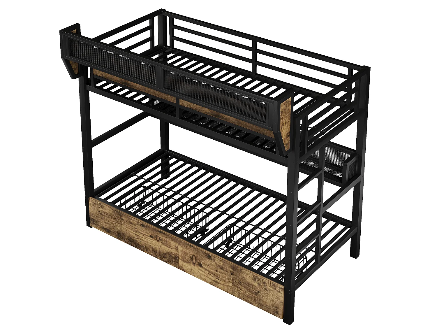 Stapelbed 90 x 200 cm - Smeedijzeren structuur - met planken - met 2 lades - met LED-verlichting - zwart (matras niet inbegrepen)