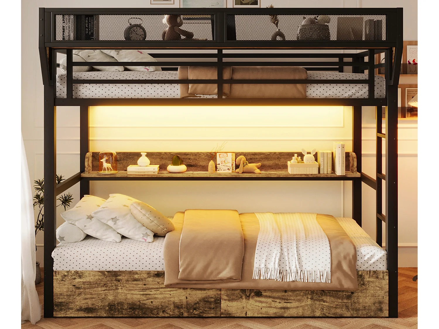 Køjeseng 90 x 200 cm - Smedejernskonstruktion - med hylder - med 2 skuffer - med LED-belysning - sort (madras ikke inkluderet)