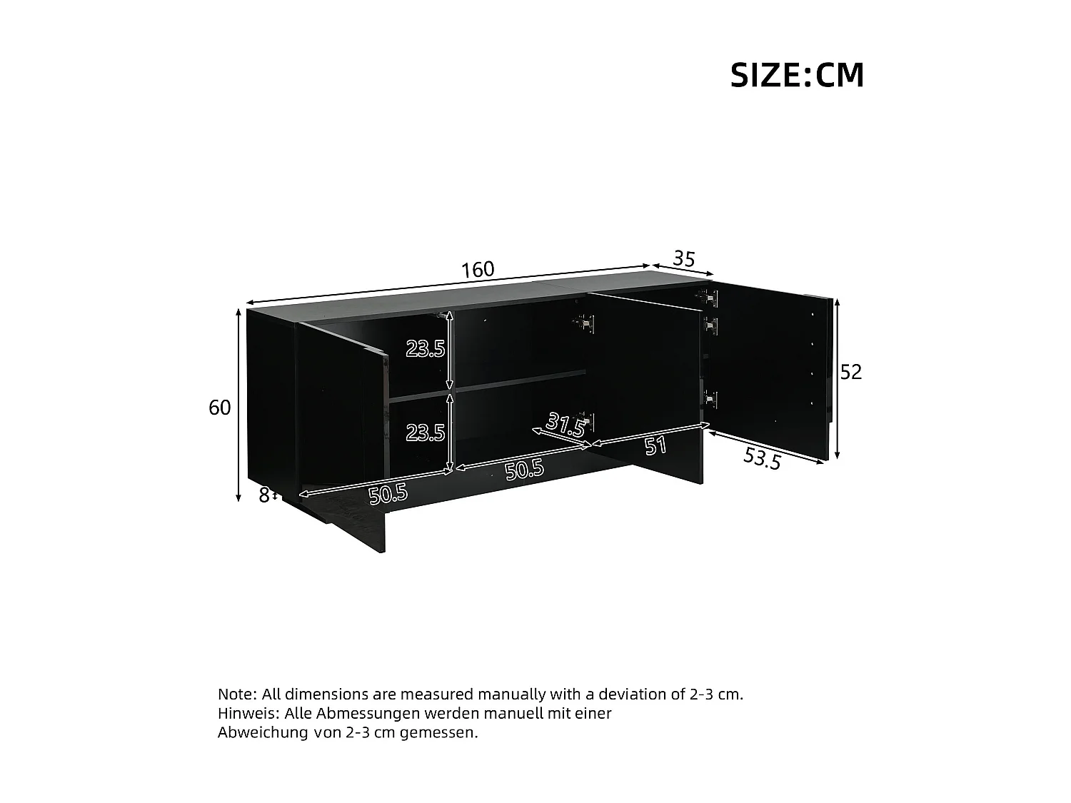 Buffet 160x35x60 cm - 3 portes et 6 étagères - Finition brillante - Panneaux de particules - Noir