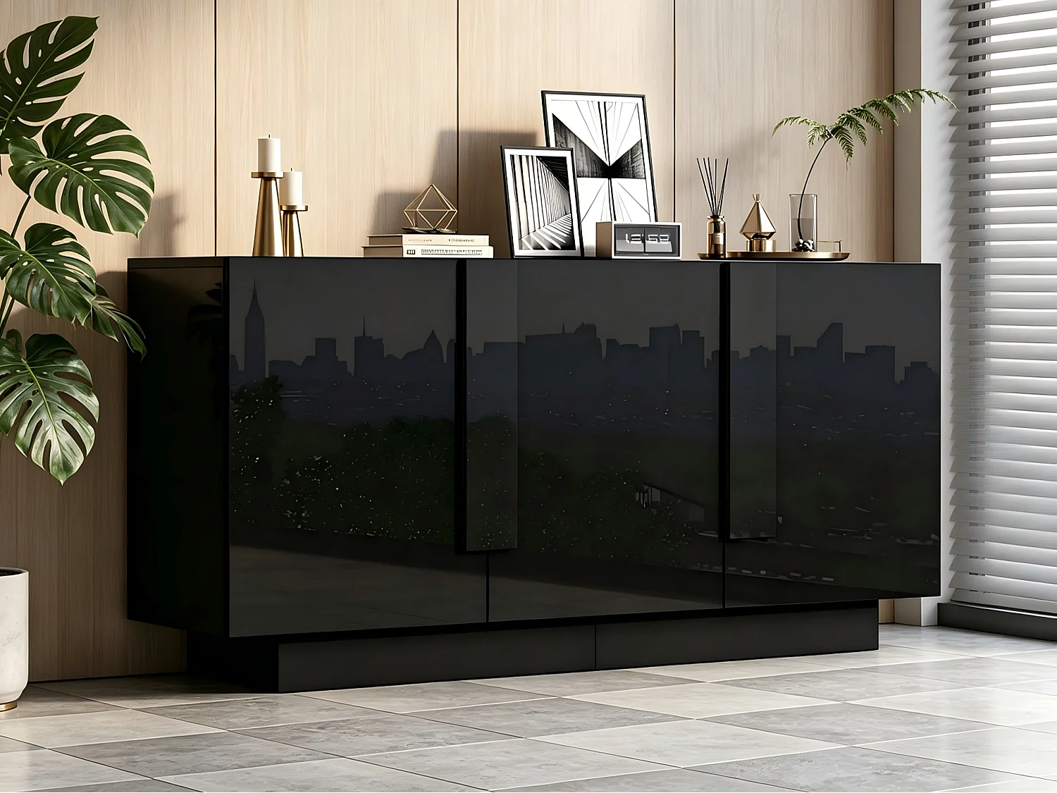 Buffet 160x35x60 cm - 3 portes et 6 étagères - Finition brillante - Panneaux de particules - Noir
