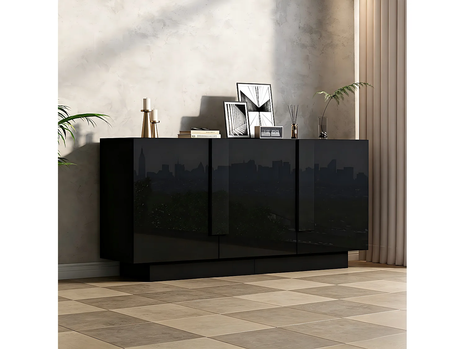 Buffet 160x35x60 cm - 3 portes et 6 étagères - Finition brillante - Panneaux de particules - Noir