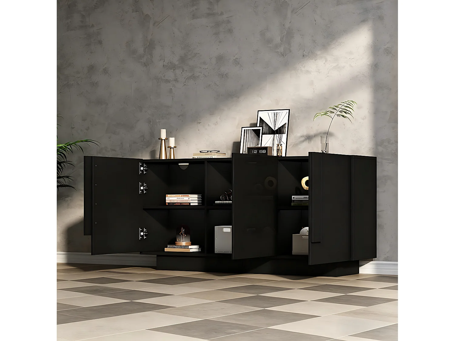 Buffet 160x35x60 cm - 3 portes et 6 étagères - Finition brillante - Panneaux de particules - Noir