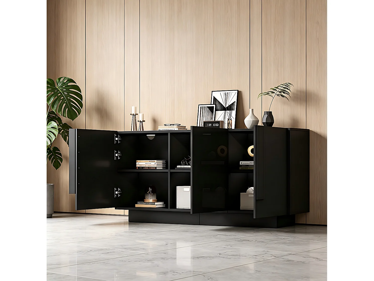 Buffet 160x35x60 cm - 3 portes et 6 étagères - Finition brillante - Panneaux de particules - Noir