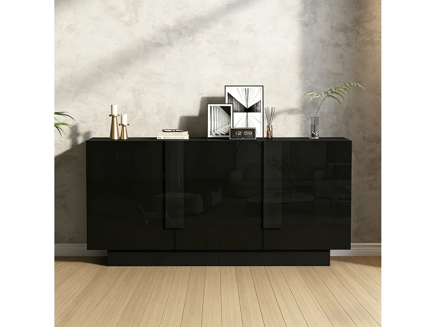Buffet 160x35x60 cm - 3 portes et 6 étagères - Finition brillante - Panneaux de particules - Noir