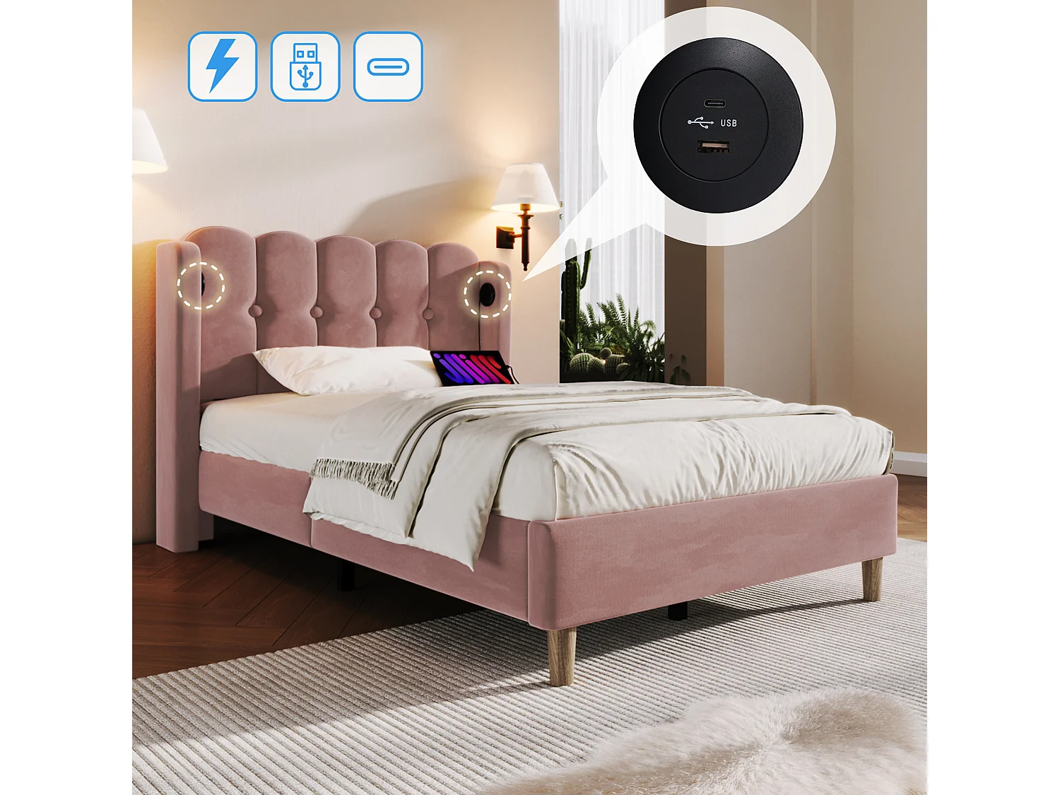 Velvet Upholstered Bed 90x190cm - with Charging Ports and Slatted Base - Pink
