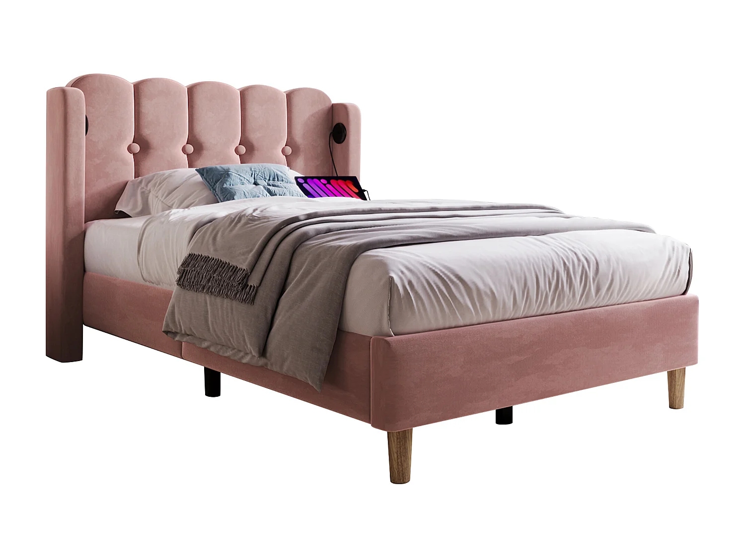 Velvet Upholstered Bed 90x190cm - with Charging Ports and Slatted Base - Pink