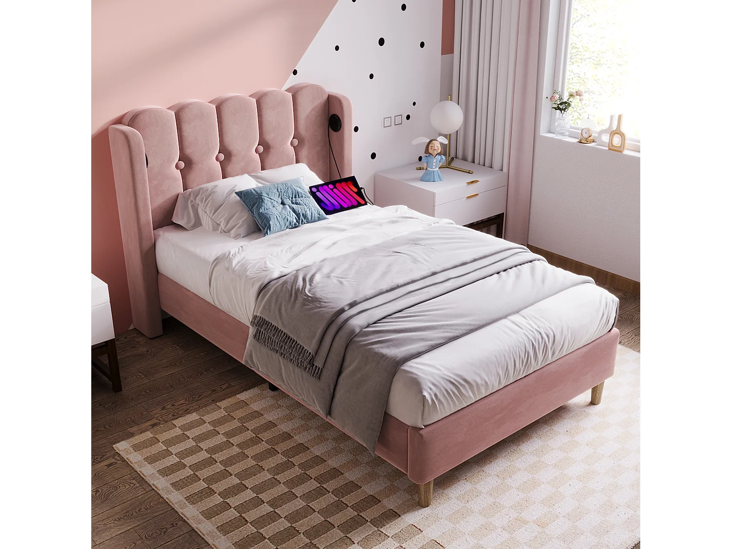 Velvet Upholstered Bed 90x190cm - with Charging Ports and Slatted Base - Pink