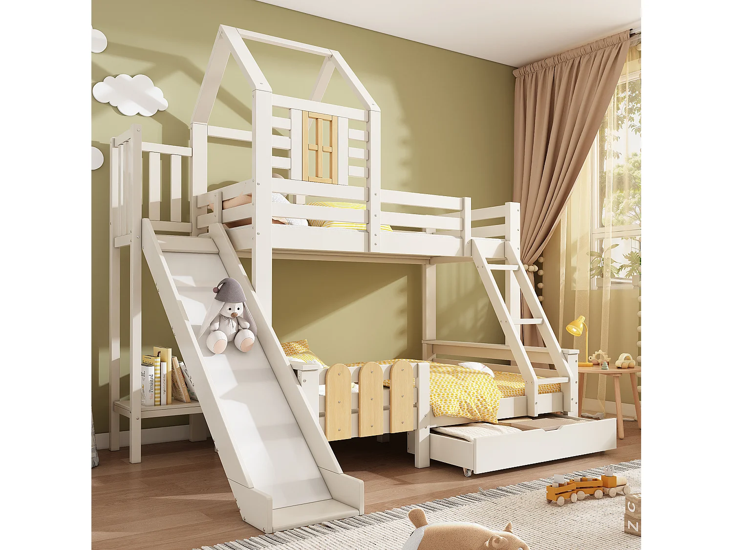 Bunk bed 90x190cm + 135x190cm - with slide - with 1 drawer - with roof and windows - Solid wood + MDF - White (mattress not included)