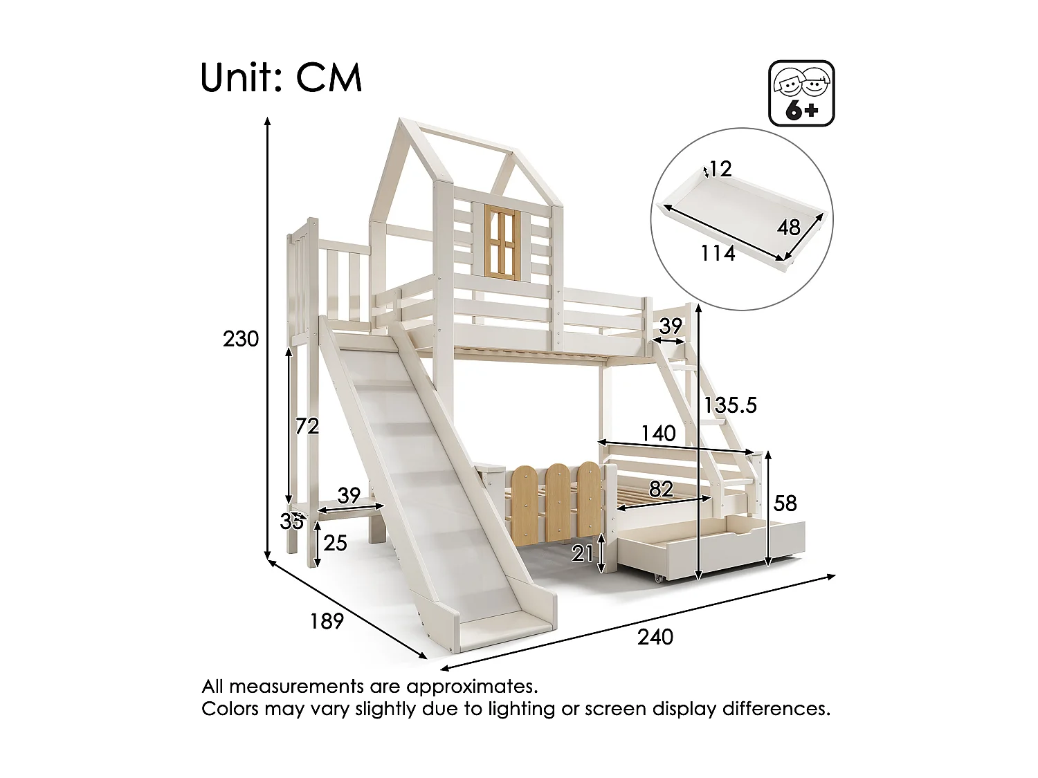 Bunk bed 90x190cm + 135x190cm - with slide - with 1 drawer - with roof and windows - Solid wood + MDF - White (mattress not included)