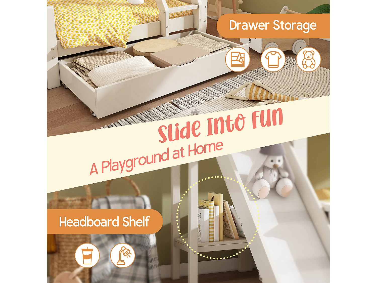 Bunk bed 90x190cm + 135x190cm - with slide - with 1 drawer - with roof and windows - Solid wood + MDF - White (mattress not included)