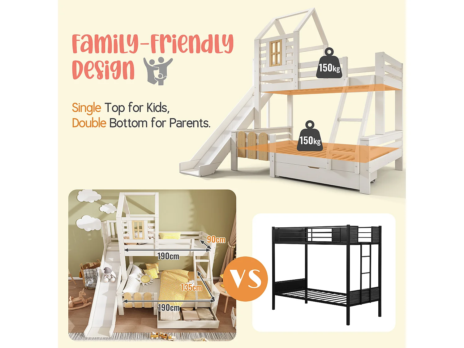 Bunk bed 90x190cm + 135x190cm - with slide - with 1 drawer - with roof and windows - Solid wood + MDF - White (mattress not included)