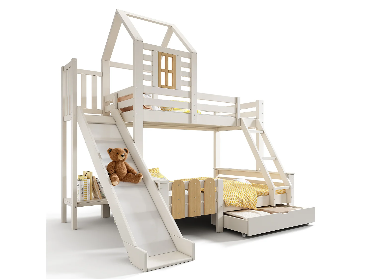 Bunk bed 90x190cm + 135x190cm - with slide - with 1 drawer - with roof and windows - Solid wood + MDF - White (mattress not included)