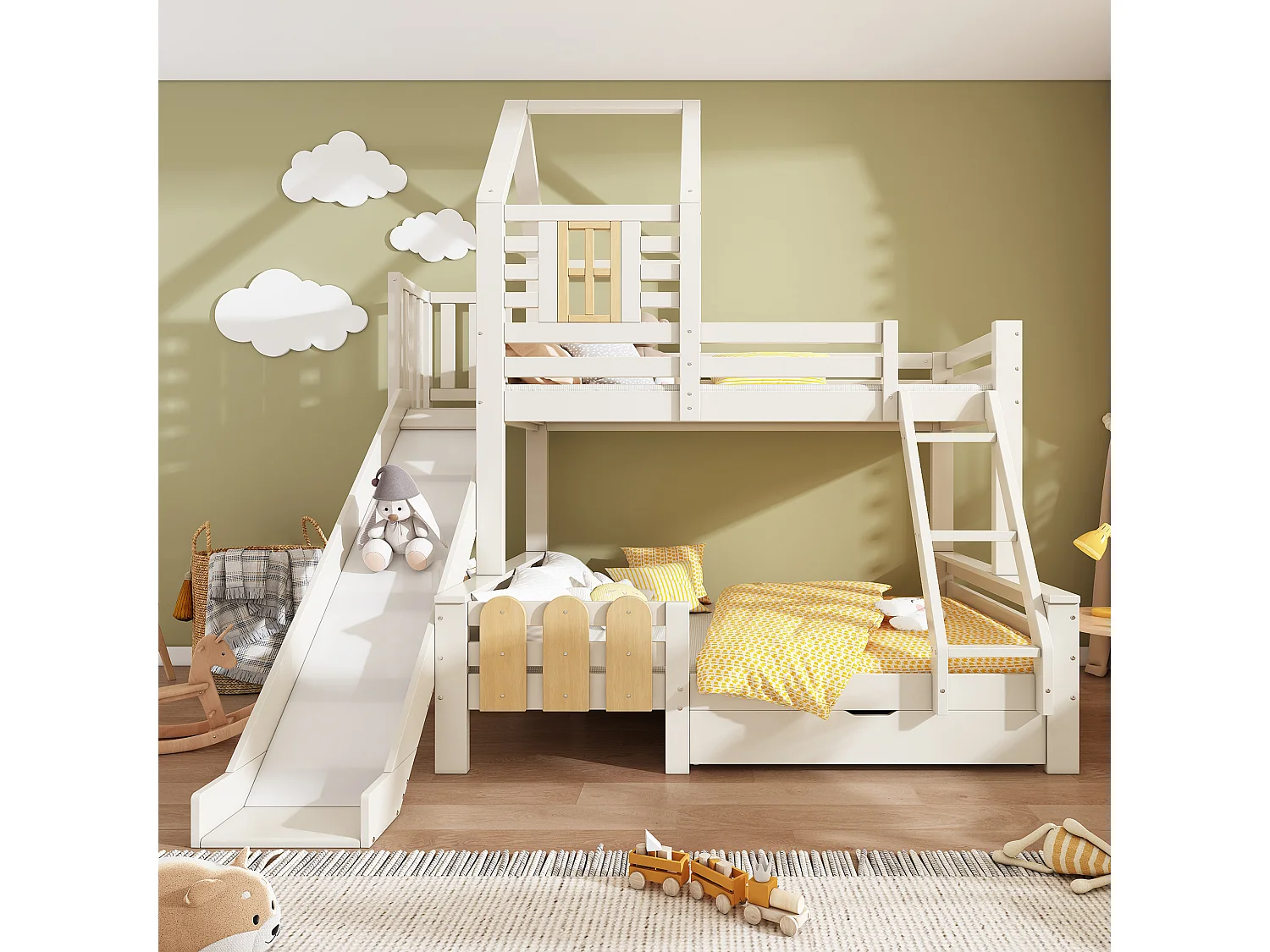 Bunk bed 90x190cm + 135x190cm - with slide - with 1 drawer - with roof and windows - Solid wood + MDF - White (mattress not included)