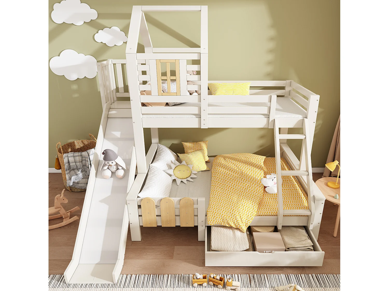 Bunk bed 90x190cm + 135x190cm - with slide - with 1 drawer - with roof and windows - Solid wood + MDF - White (mattress not included)