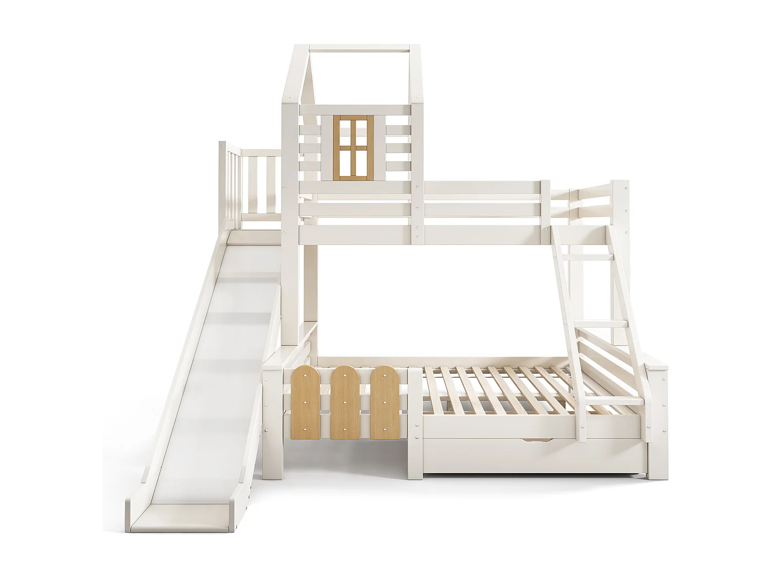 Bunk bed 90x190cm + 135x190cm - with slide - with 1 drawer - with roof and windows - Solid wood + MDF - White (mattress not included)