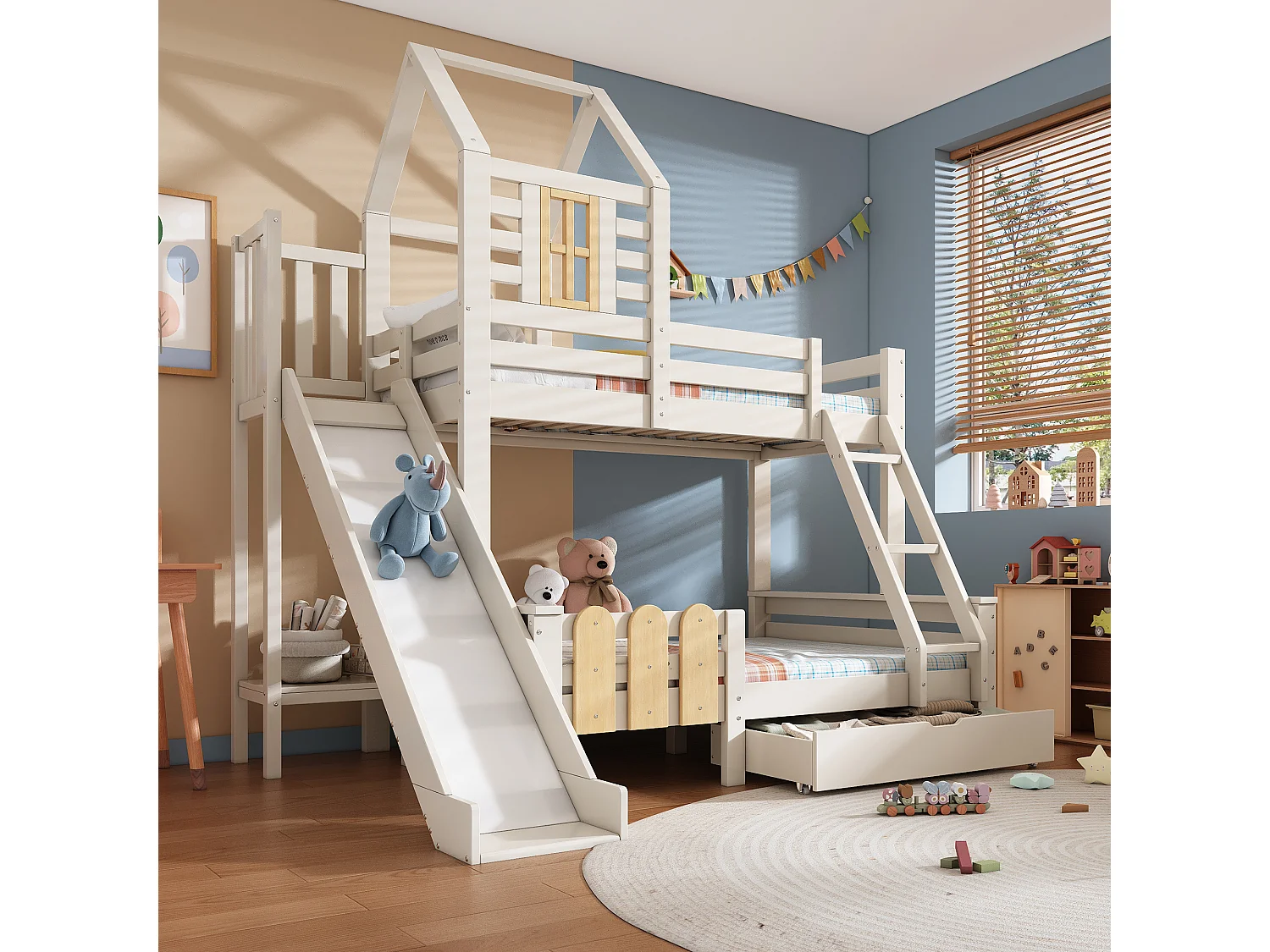 Bunk bed 90x190cm + 135x190cm - with slide - with 1 drawer - with roof and windows - Solid wood + MDF - White (mattress not included)