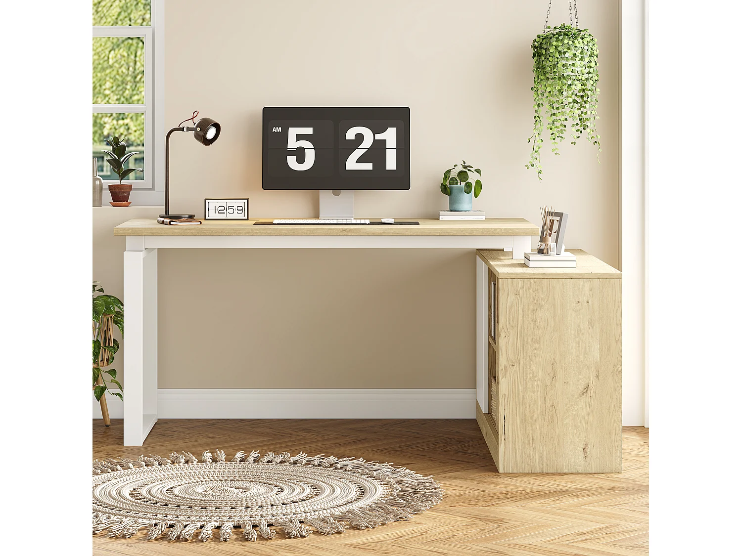 Hjørneskrivebord 152x113,5x76 cm - med 2 skuffer, 3 åbne hylder og 1 rum - justerbare hylder - Natur og hvid
