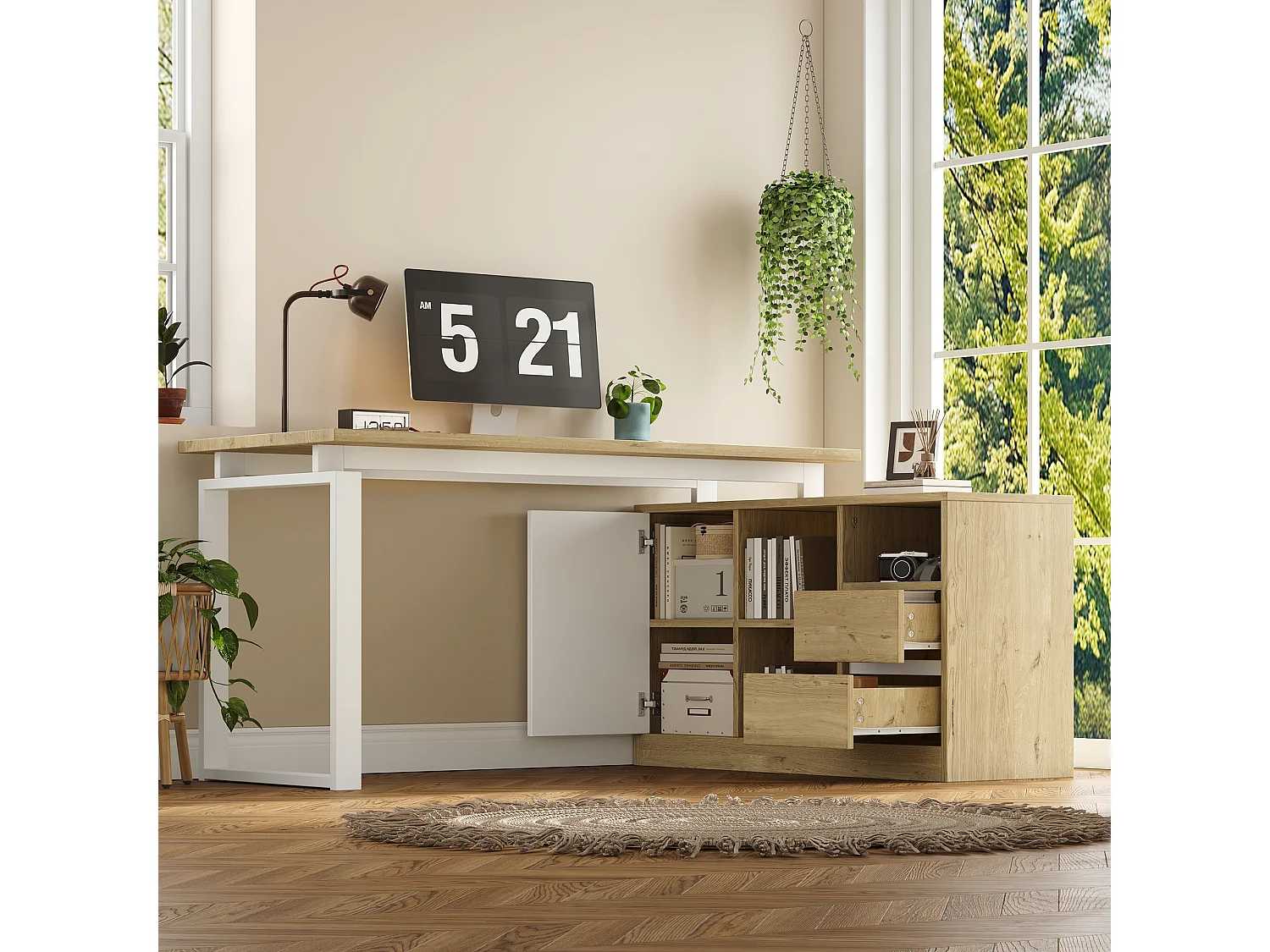 Hjørneskrivebord 152x113,5x76 cm - med 2 skuffer, 3 åbne hylder og 1 rum - justerbare hylder - Natur og hvid
