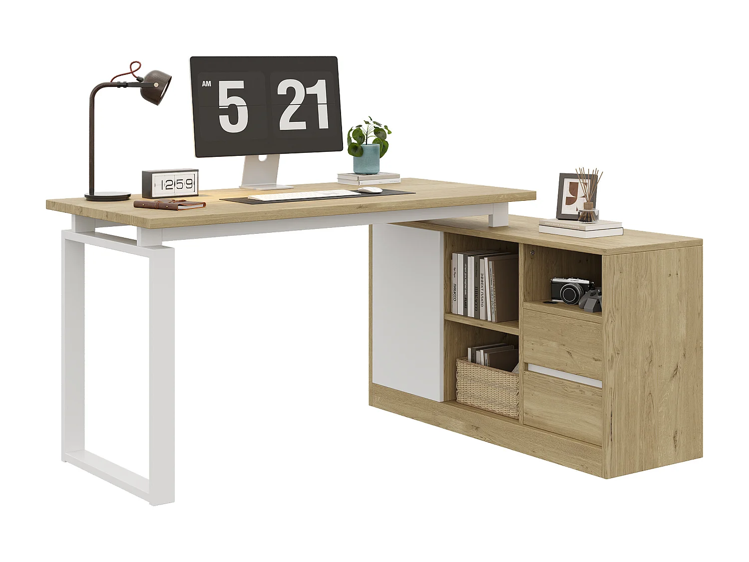 Hjørneskrivebord 152x113,5x76 cm - med 2 skuffer, 3 åbne hylder og 1 rum - justerbare hylder - Natur og hvid