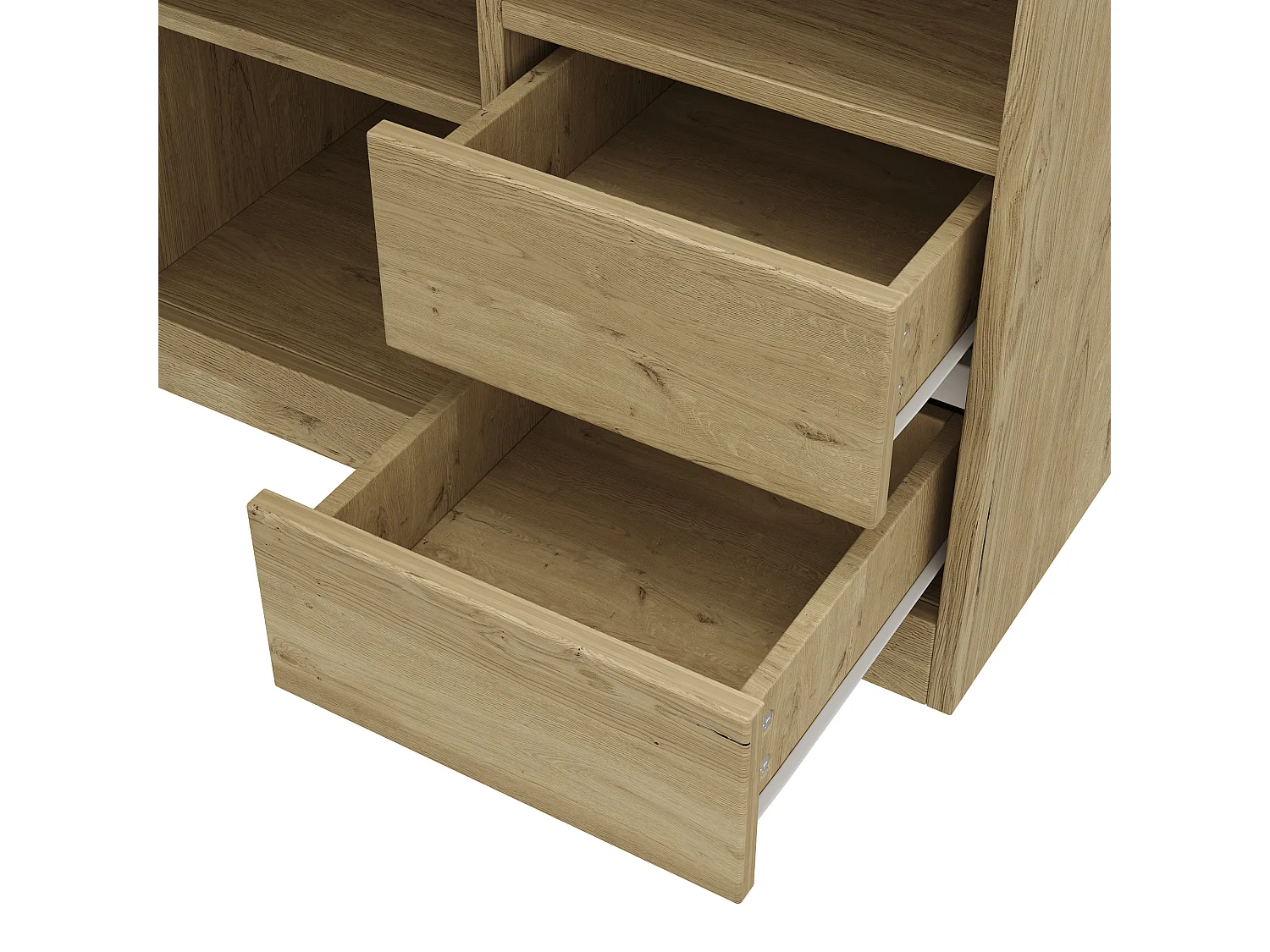Hjørneskrivebord 152x113,5x76 cm - med 2 skuffer, 3 åbne hylder og 1 rum - justerbare hylder - Natur og hvid