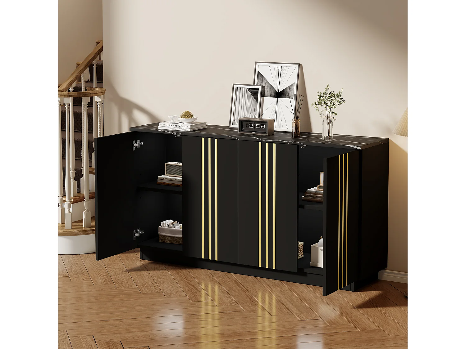 Buffet 140x35x70 cm - 4 portes - Finitions dorées - Étagères réglables - Panneaux de particules - Noir et doré