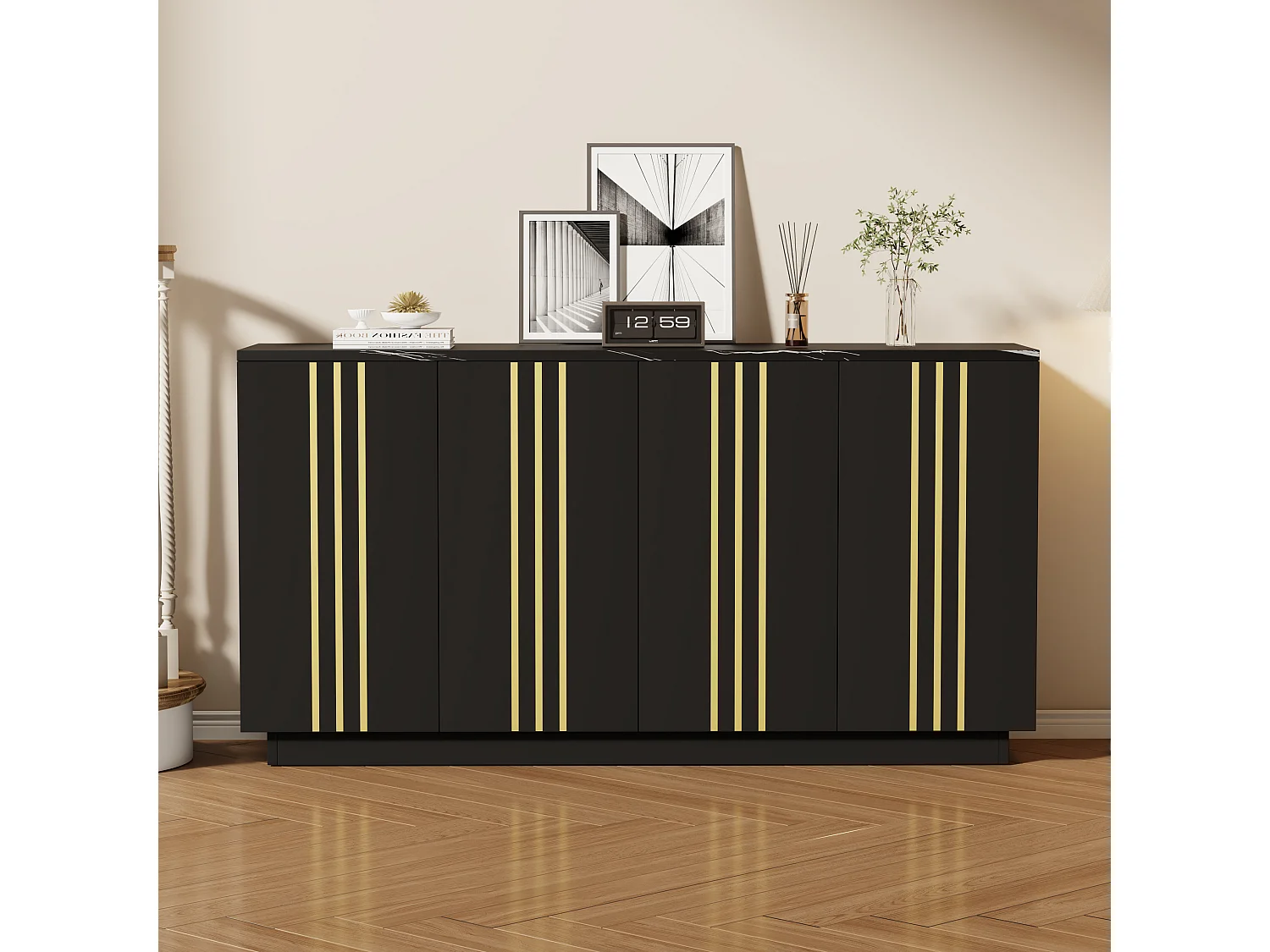 Buffet 140x35x70 cm - 4 portes - Finitions dorées - Étagères réglables - Panneaux de particules - Noir et doré