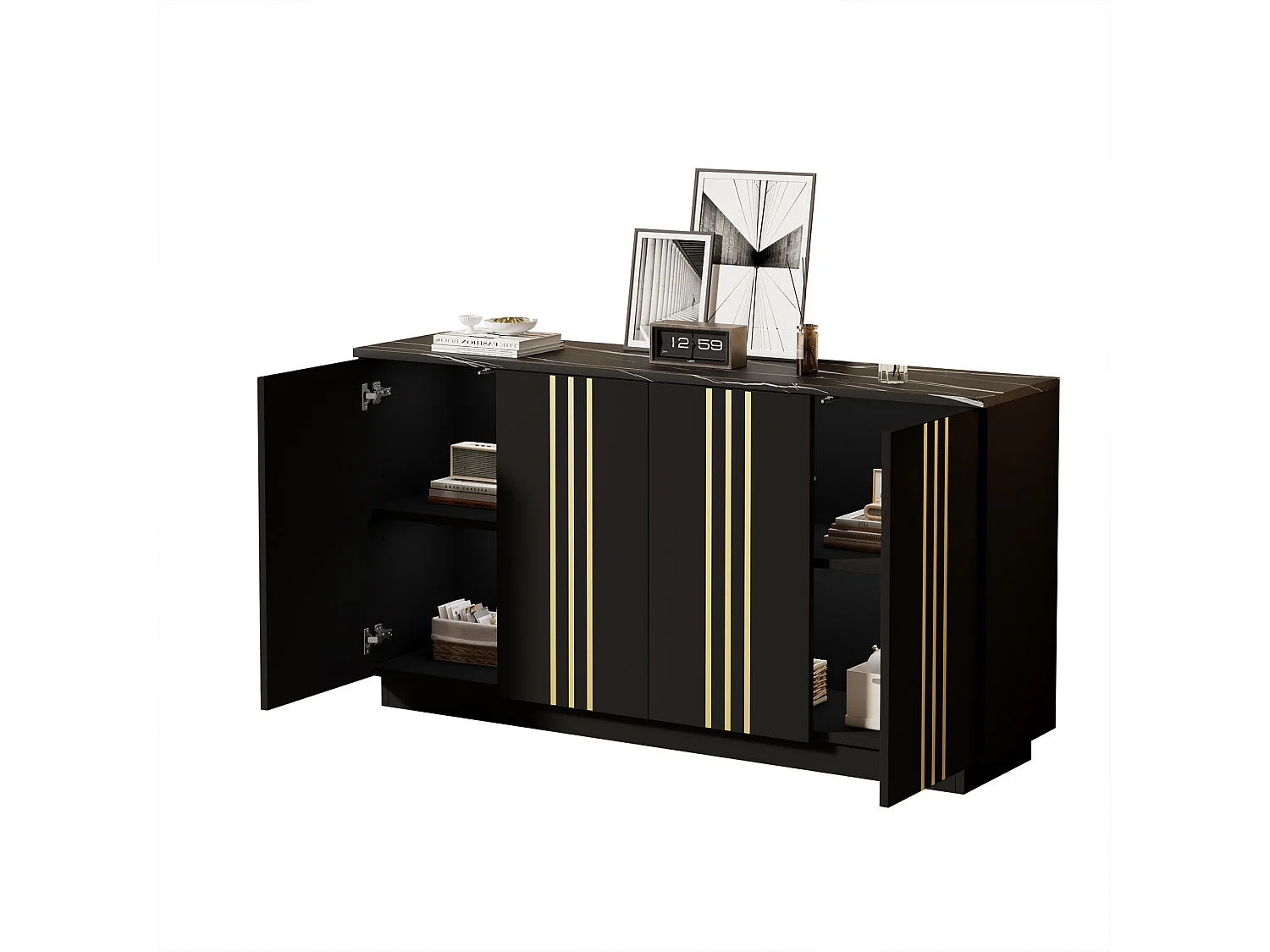 Buffet 140x35x70 cm - 4 portes - Finitions dorées - Étagères réglables - Panneaux de particules - Noir et doré