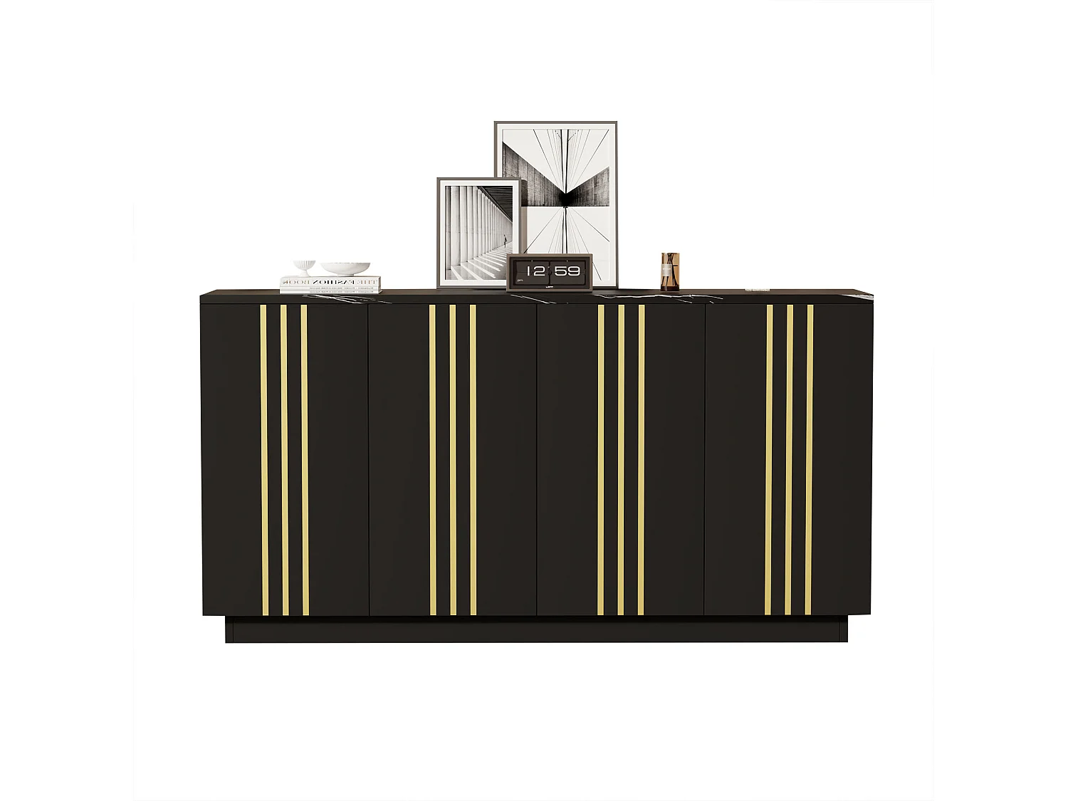 Buffet 140x35x70 cm - 4 portes - Finitions dorées - Étagères réglables - Panneaux de particules - Noir et doré