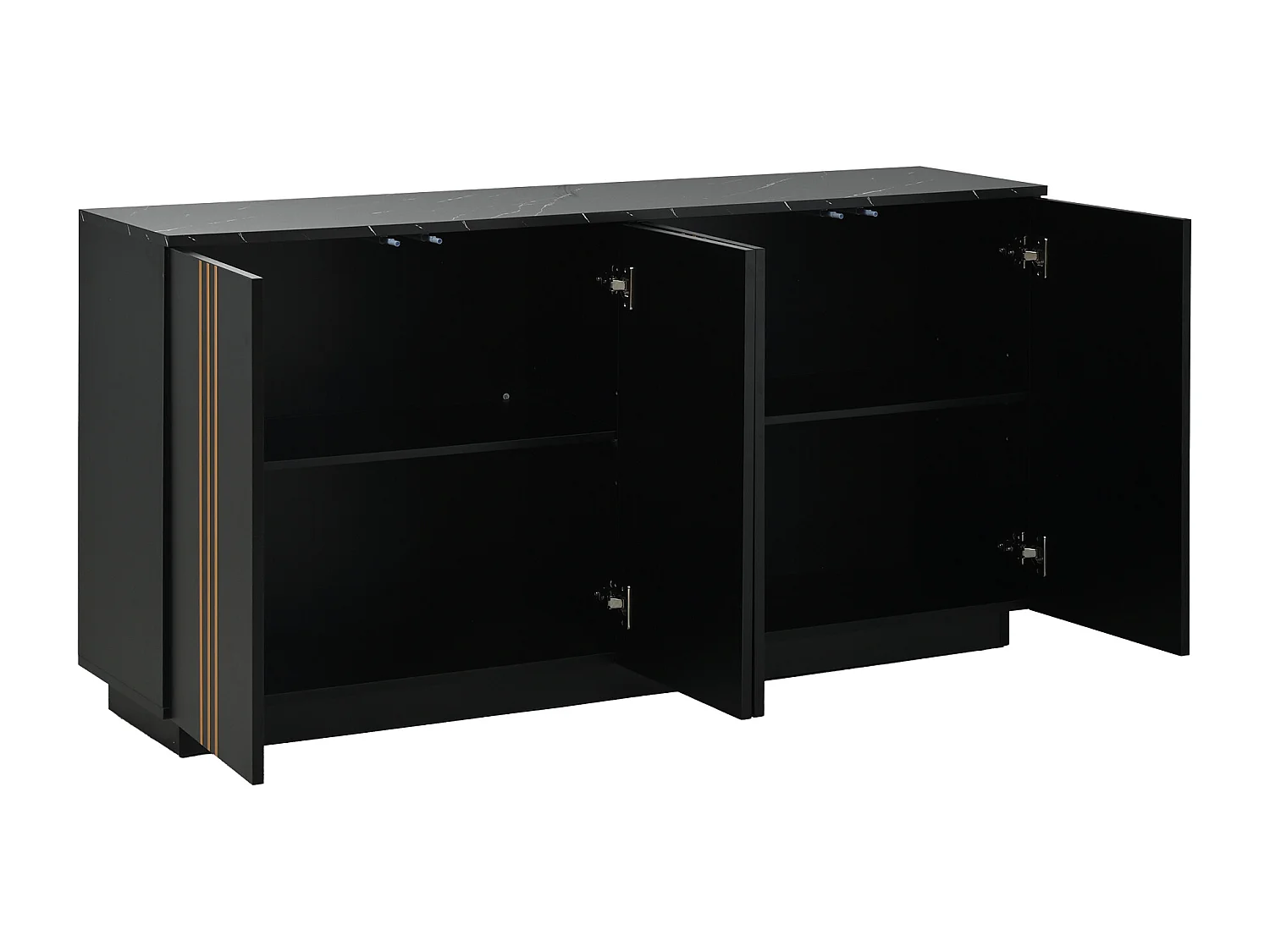 Buffet 140x35x70 cm - 4 portes - Finitions dorées - Étagères réglables - Panneaux de particules - Noir et doré