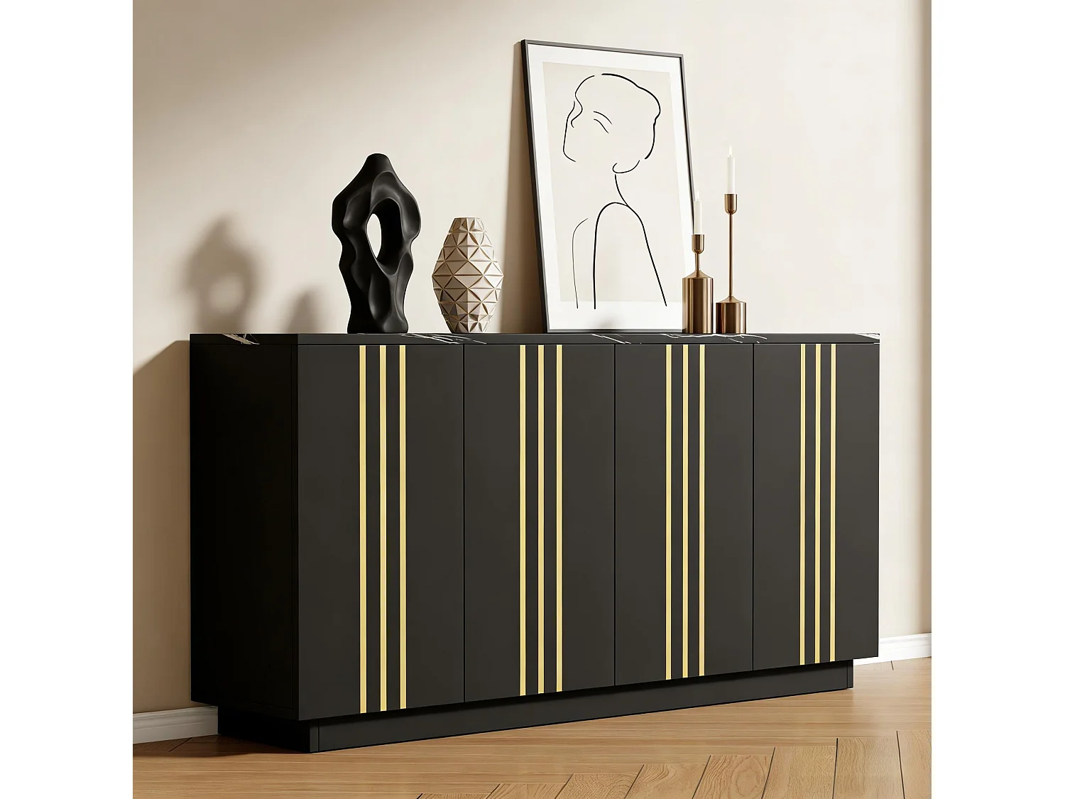 Buffet 140x35x70 cm - 4 portes - Finitions dorées - Étagères réglables - Panneaux de particules - Noir et doré