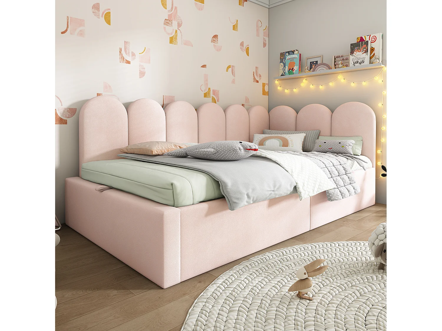Daybed with storage - velvet fabric - 90x190 cm - with slatted base - Pink