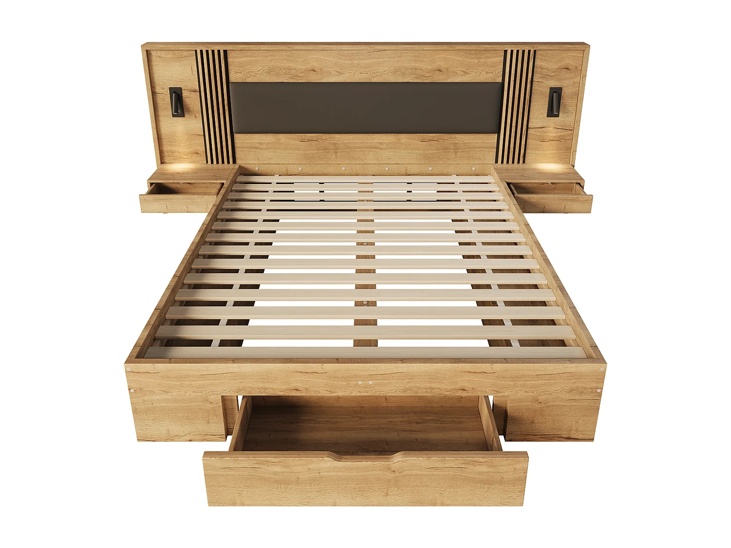 Doppelbett aus Holz 160x200 cm - Leselampe, 2 Nachttische und 3 Schubladen - MDF - Natur (Matratze nicht enthalten)