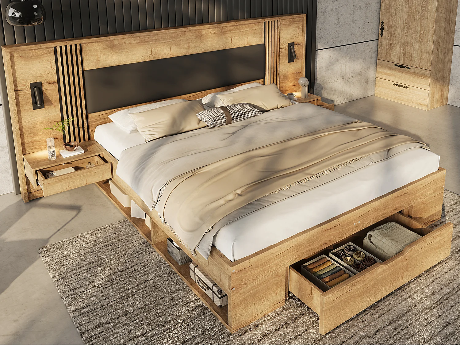 Doppelbett aus Holz 160x200 cm - Leselampe, 2 Nachttische und 3 Schubladen - MDF - Natur (Matratze nicht enthalten)