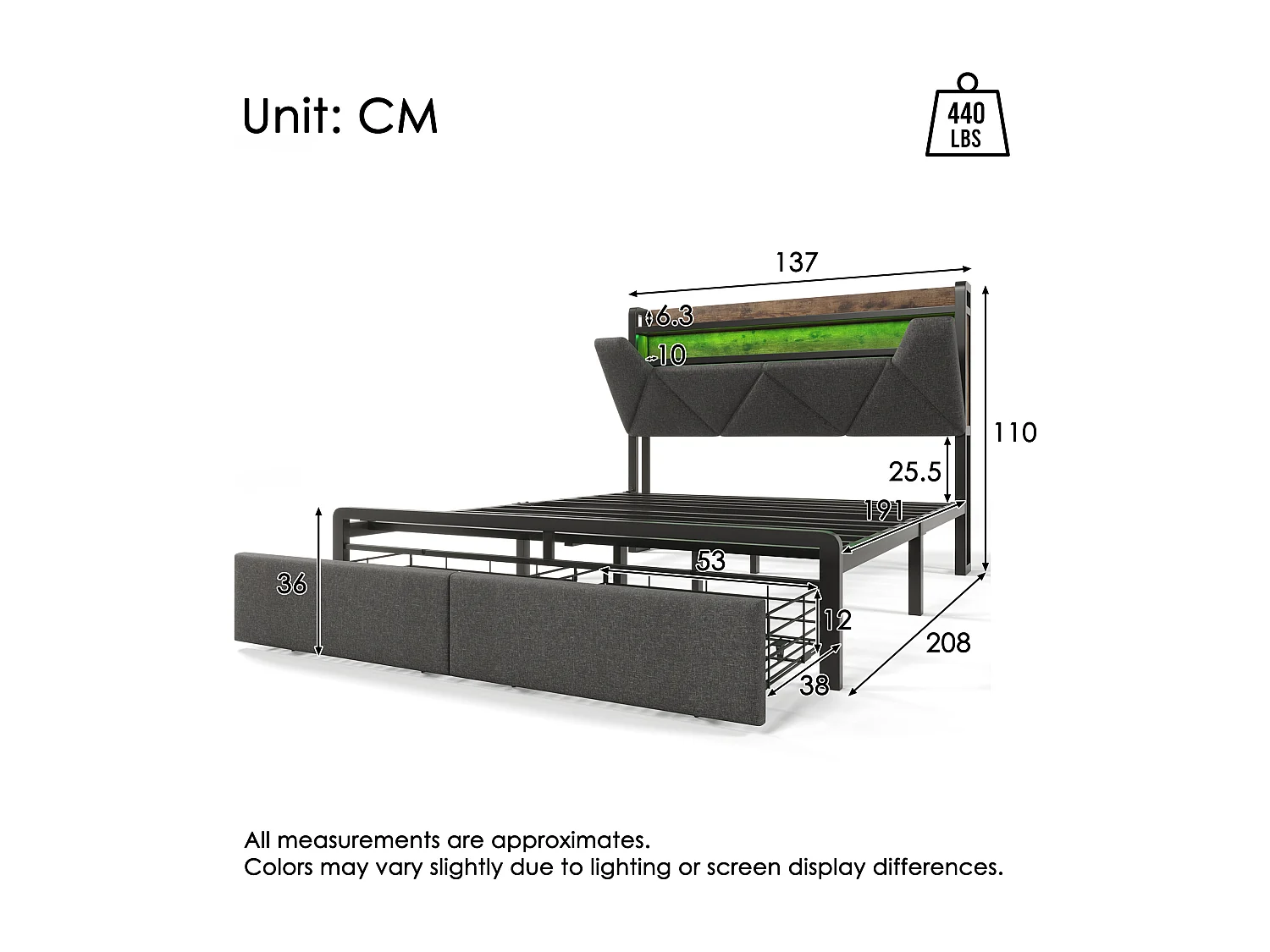 Upholstered linen bed with drawer 135x190cm - with LEDs and charging ports - Grey