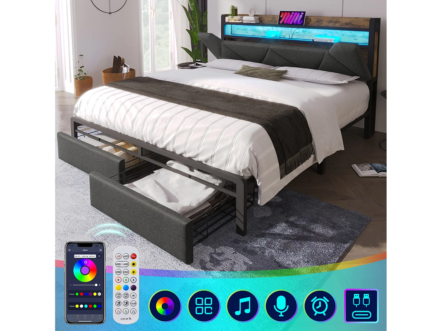 Upholstered linen bed with drawer 135x190cm - with LEDs and charging ports - Grey