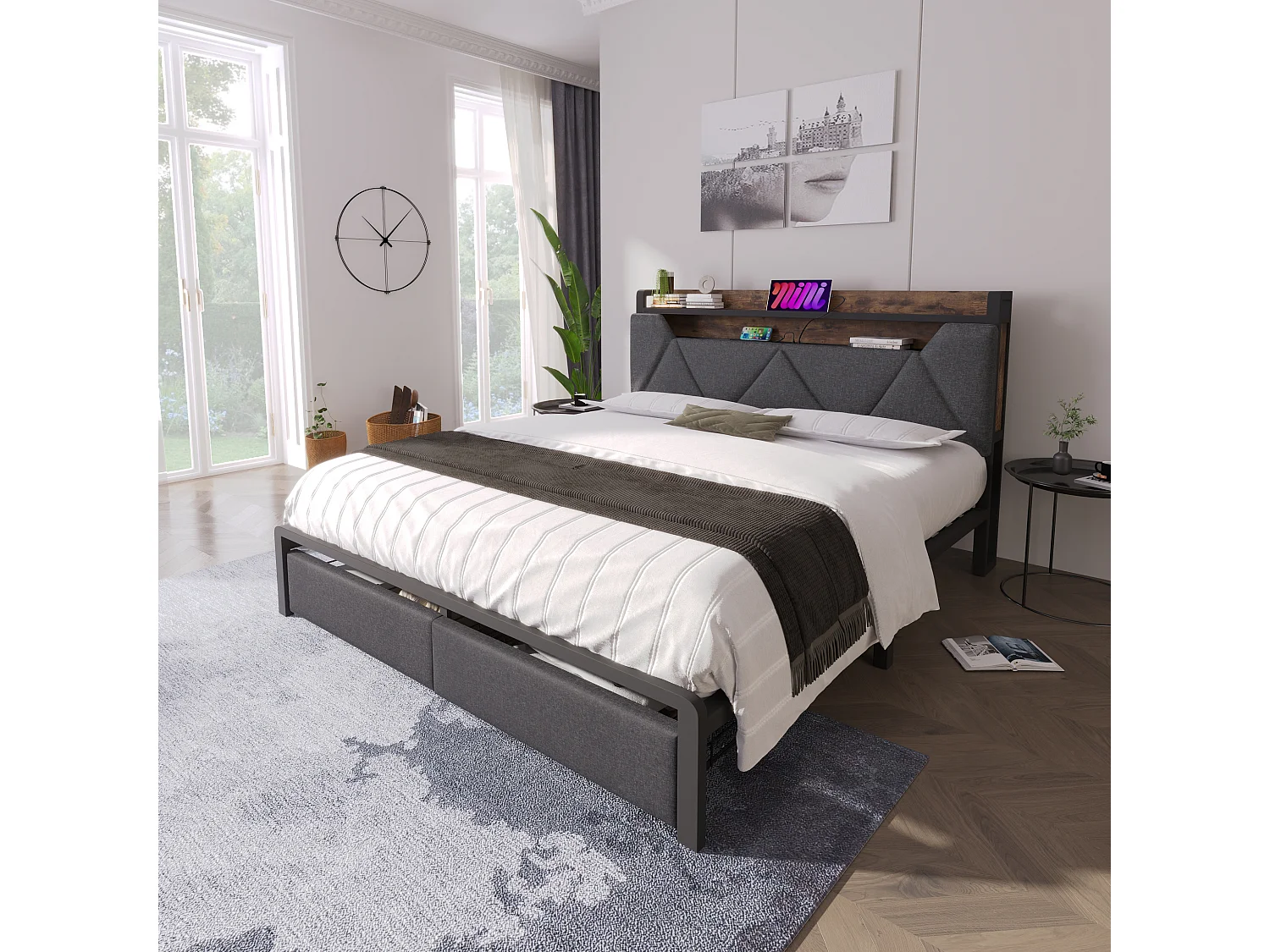 Upholstered linen bed with drawer 135x190cm - with LEDs and charging ports - Grey