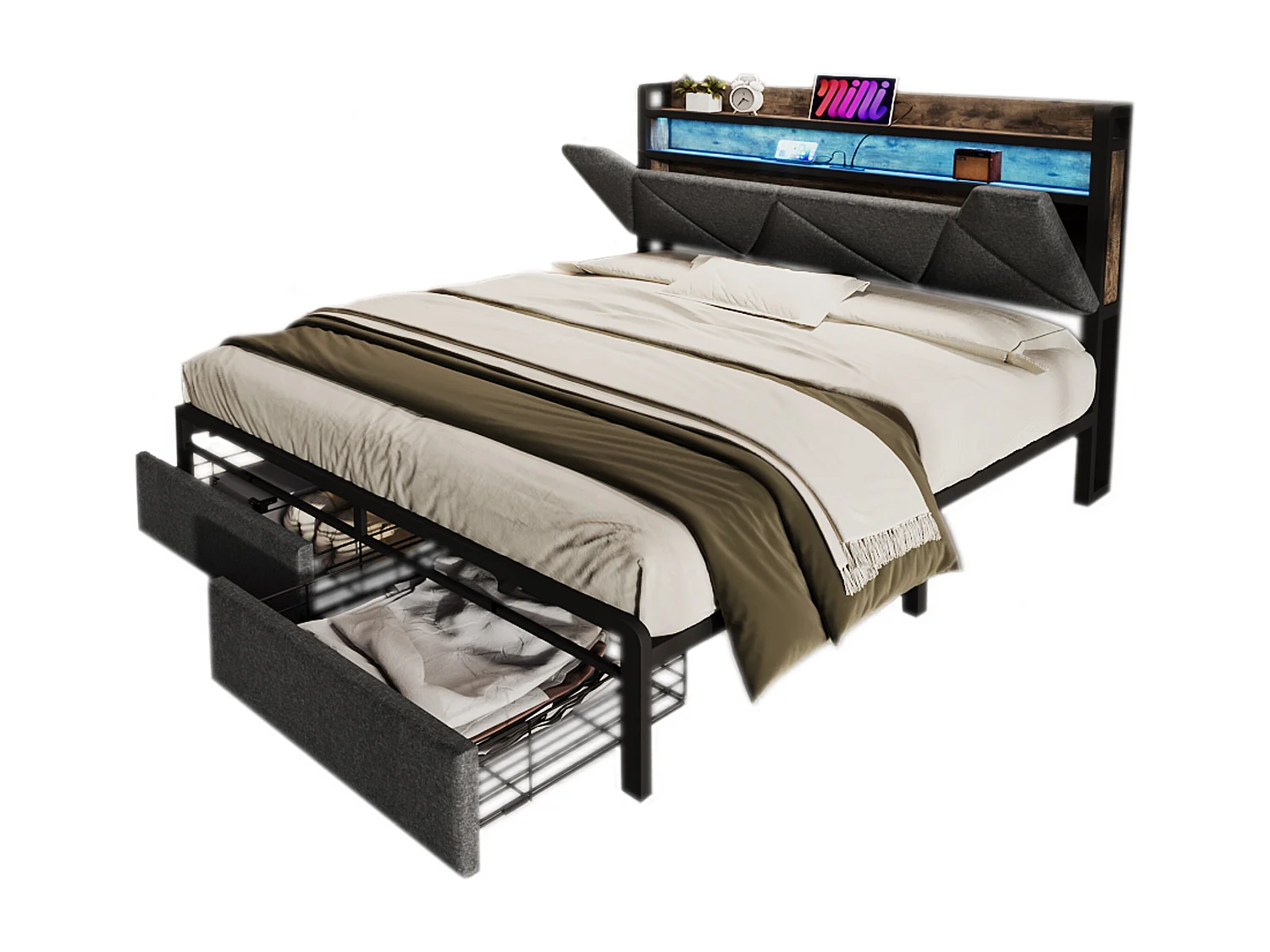 Upholstered linen bed with drawer 135x190cm - with LEDs and charging ports - Grey