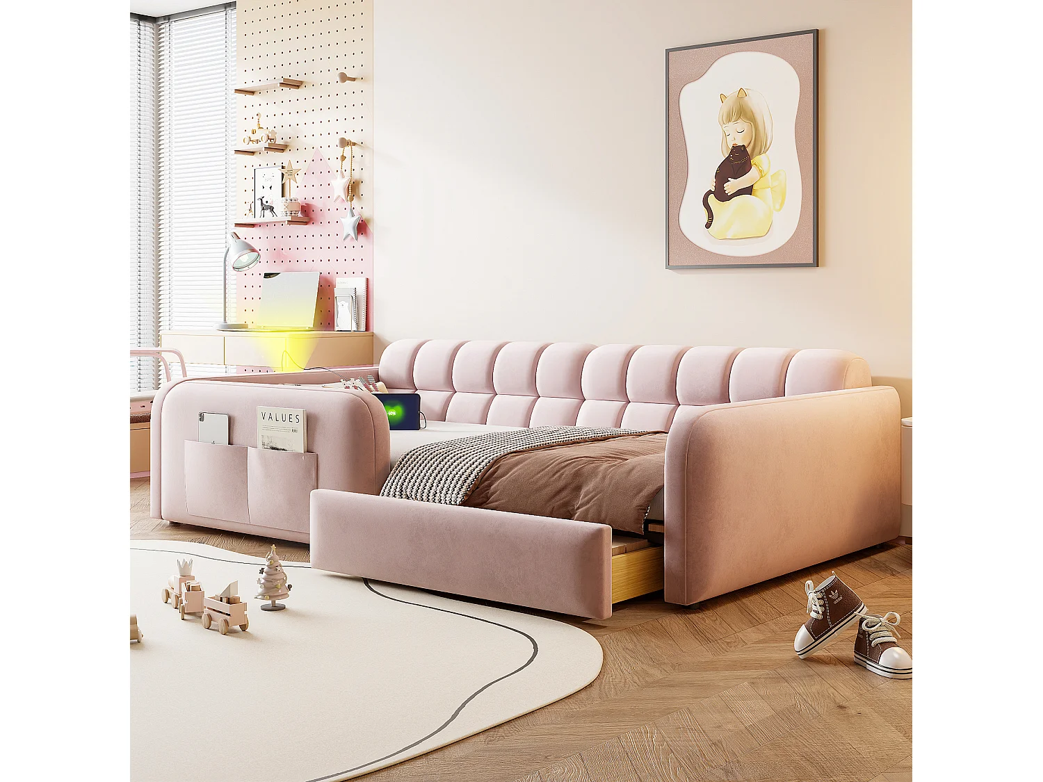 Lit enfant capitonné 90x200cm - avec port de chargement - avec 1 tiroir - velours - rose (matelas non inclus)