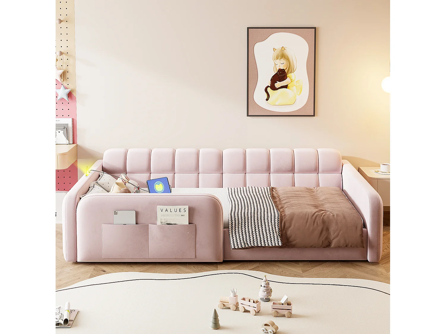 Lit enfant capitonné 90x200cm - avec port de chargement - avec 1 tiroir - velours - rose (matelas non inclus)