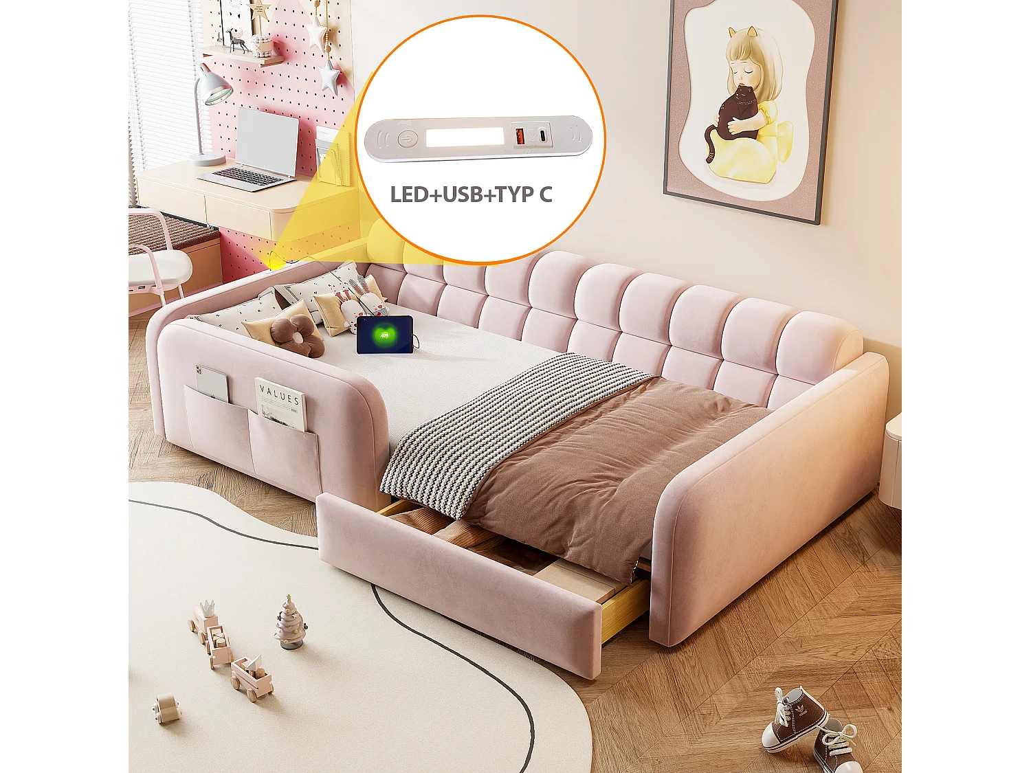 Lit enfant capitonné 90x200cm - avec port de chargement - avec 1 tiroir - velours - rose (matelas non inclus)