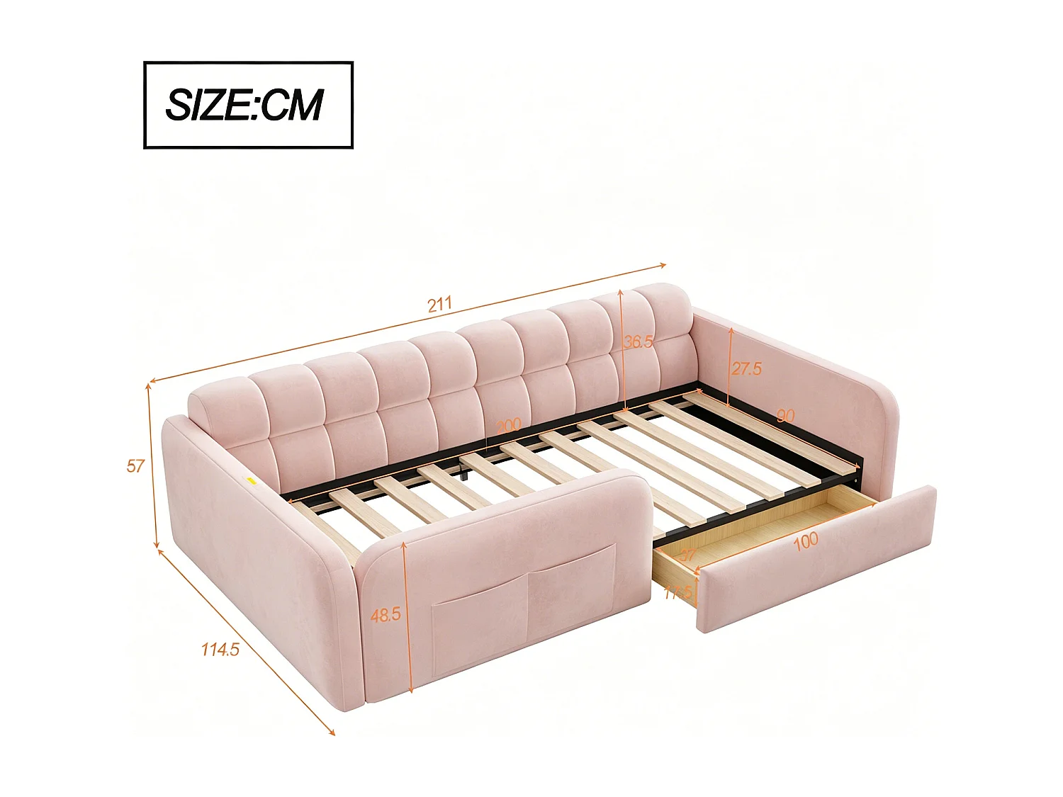 Lit enfant capitonné 90x200cm - avec port de chargement - avec 1 tiroir - velours - rose (matelas non inclus)