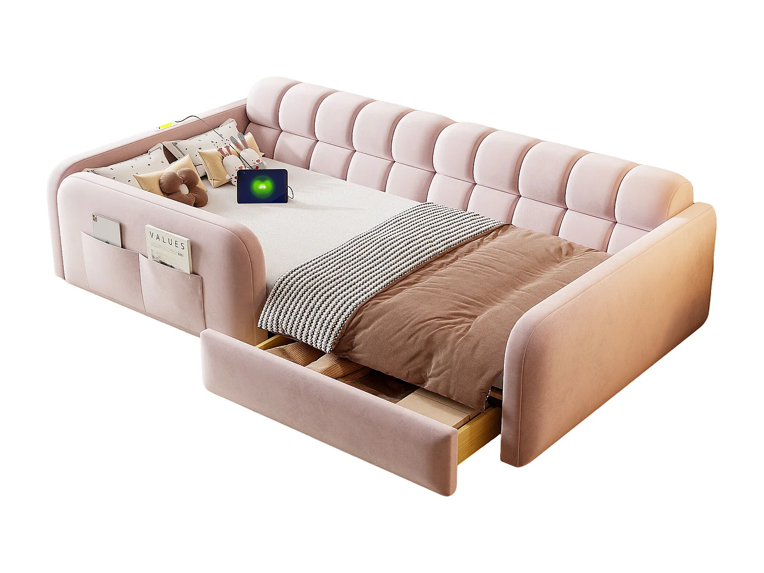 Lit enfant capitonné 90x200cm - avec port de chargement - avec 1 tiroir - velours - rose (matelas non inclus)