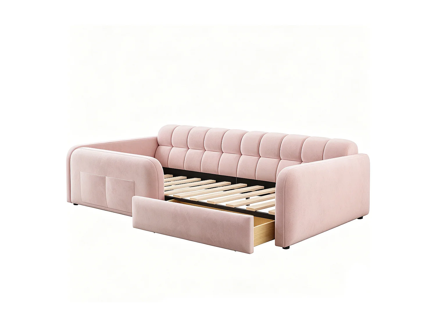 Lit enfant capitonné 90x200cm - avec port de chargement - avec 1 tiroir - velours - rose (matelas non inclus)