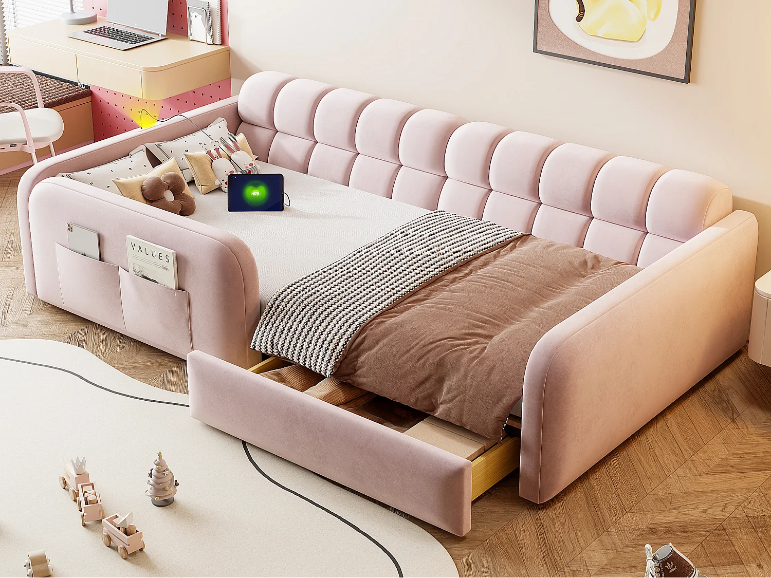 Lit enfant capitonné 90x200cm - avec port de chargement - avec 1 tiroir - velours - rose (matelas non inclus)