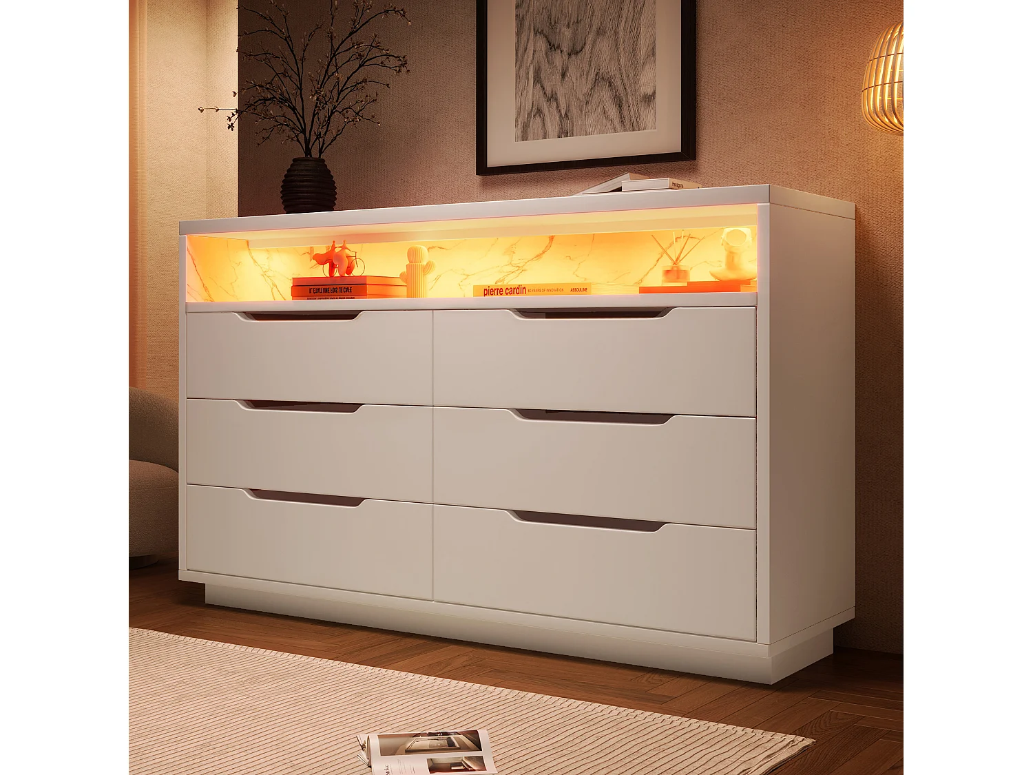 Contemporary sideboard with LED lighting - With 6 drawers - White