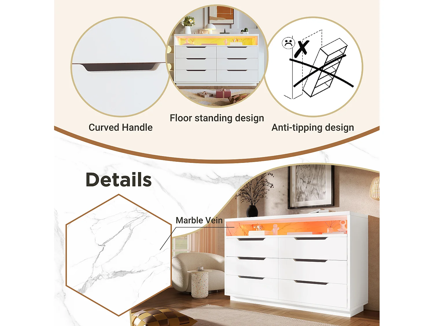 Contemporary sideboard with LED lighting - With 6 drawers - White