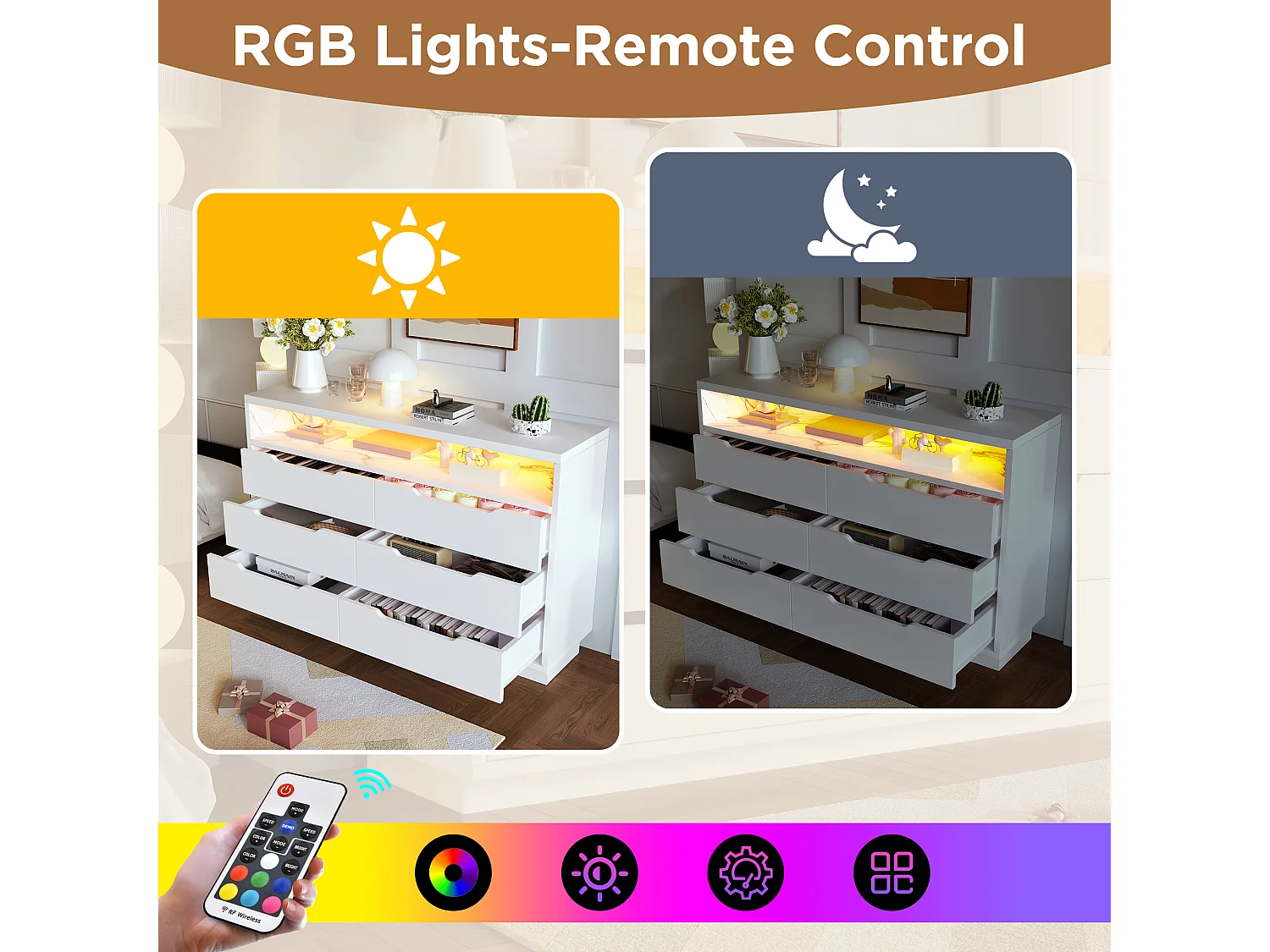 Contemporary sideboard with LED lighting - With 6 drawers - White