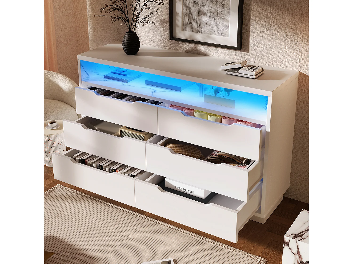 Contemporary sideboard with LED lighting - With 6 drawers - White