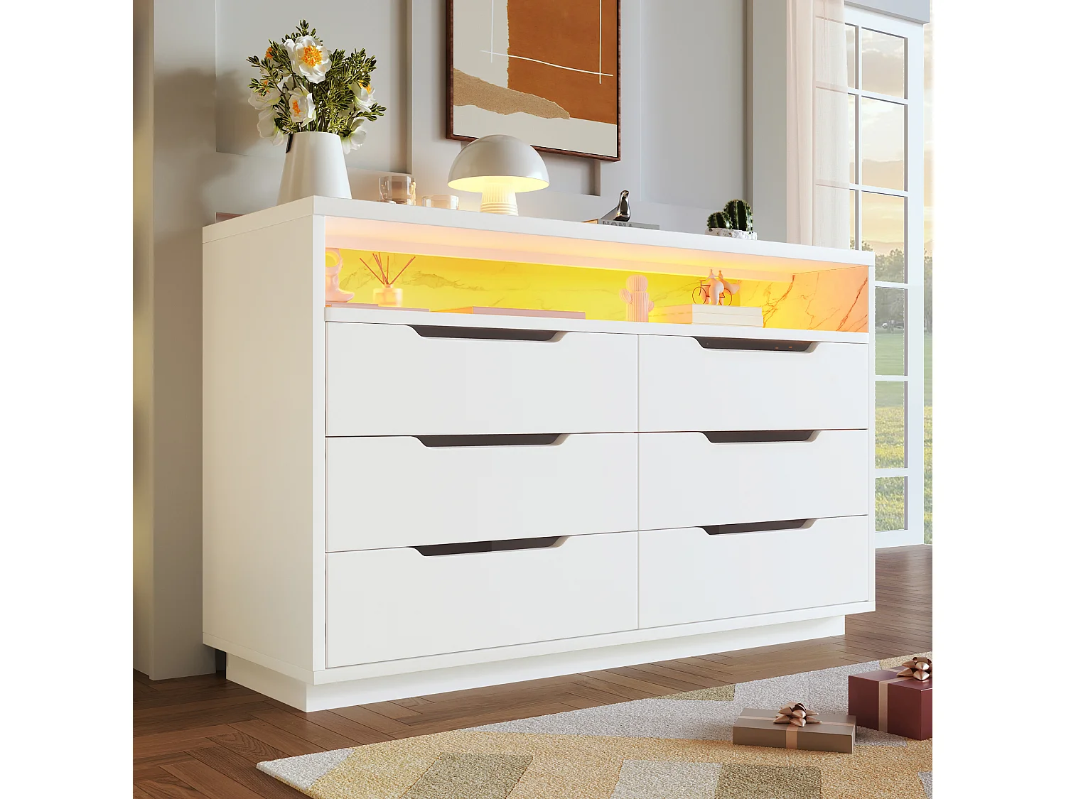 Contemporary sideboard with LED lighting - With 6 drawers - White
