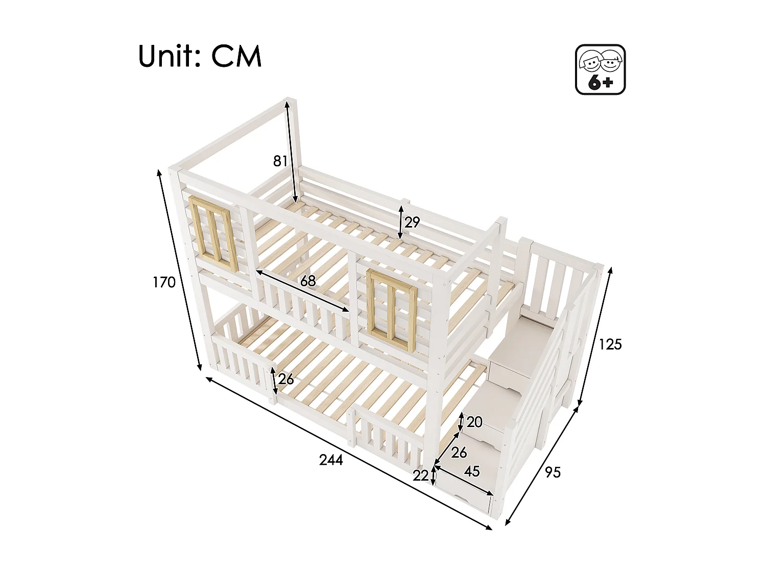 Bunk bed 90x19cm - with wooden windows - with storage ladder - White + Natural (mattress not included)